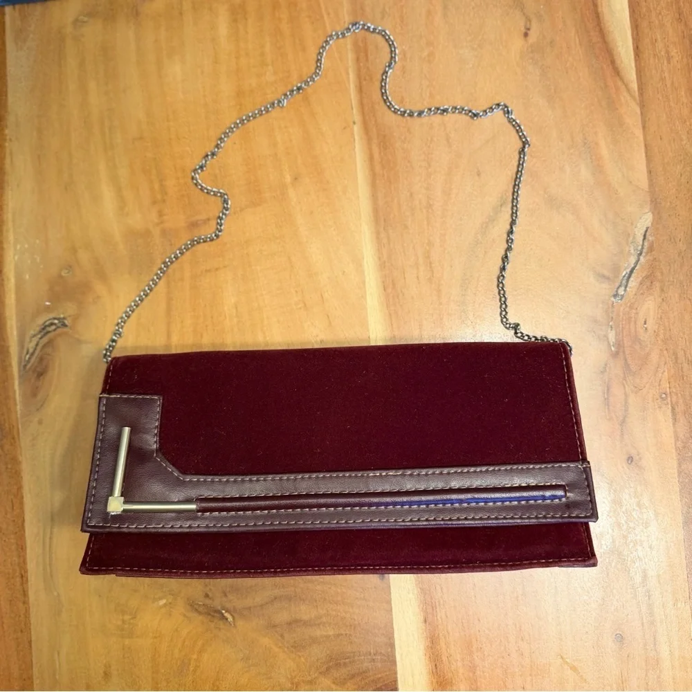 Vintage 1970s Archival Burgundy Velvet and Leather-Look‎ Geometric Clutch